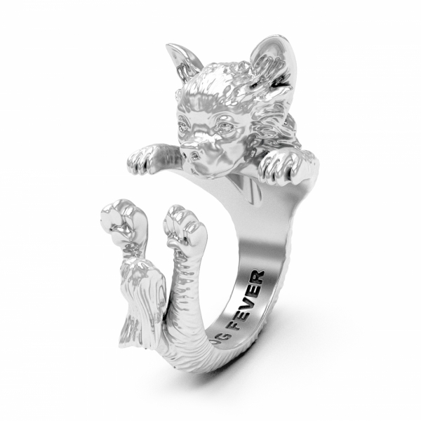 Chihuahua Long Haired Silver Hug Ring